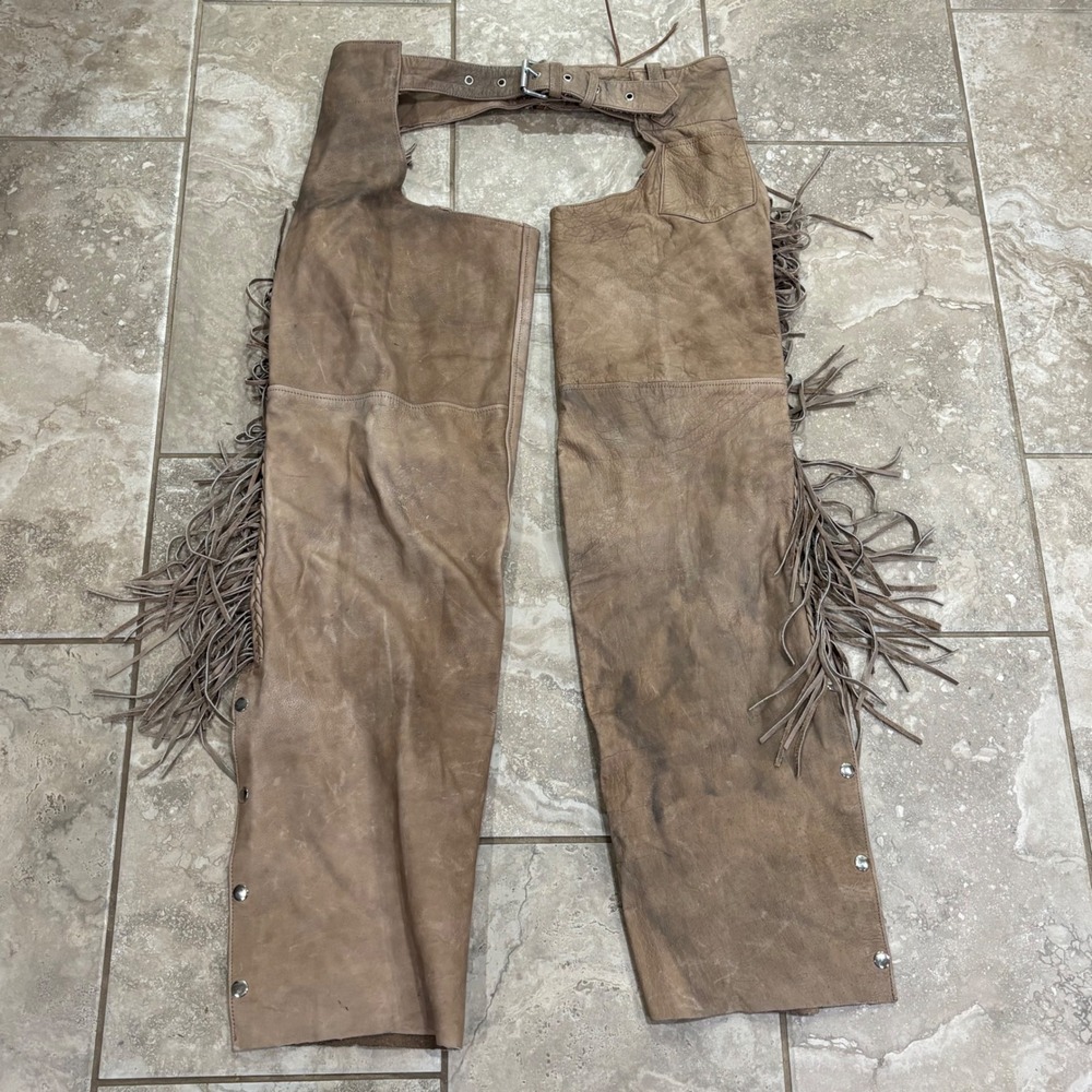 Unik Leather Apparel Tan Distressed Leather Motorcycle Chaps with Fringe XXL